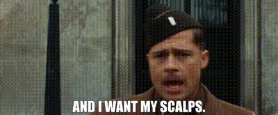 a man in a military uniform is standing in front of a building and saying `` and i want my scalps . ''