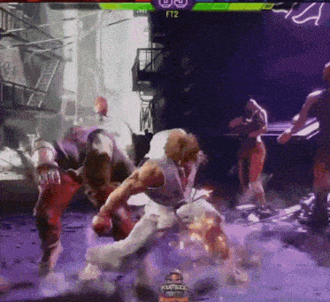 a video game screen shows a fighter being knocked out by another fighter