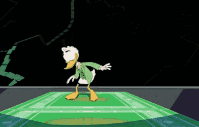 a duck in a green suit is standing on a green carpet