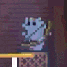 a pixel art of a hand holding a sword is on a table .