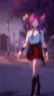 a girl with pink hair and a red skirt is walking down the street .