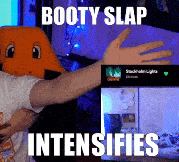 a picture of a person wearing an orange mask with the words booty slap intensifies on the bottom