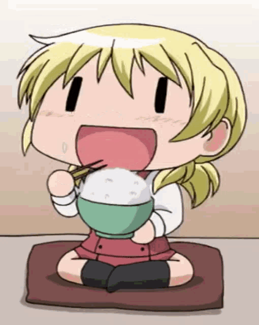 a cartoon girl is eating rice with chopsticks from a bowl
