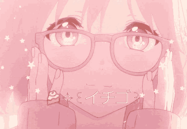 a close up of a girl wearing glasses with a cake on her tongue