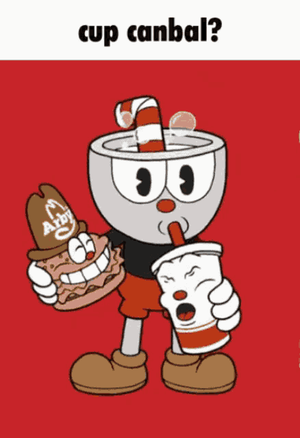 a cartoon character holding an arby hamburger and a cup