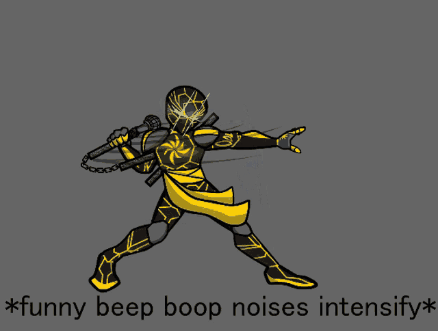 a cartoon of a man holding a microphone with the words funny beep boop noises intensify below him