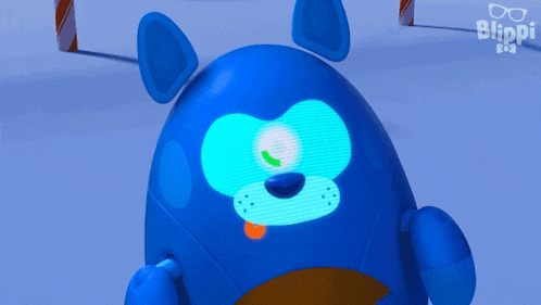 a blue robot with a check mark on its eye