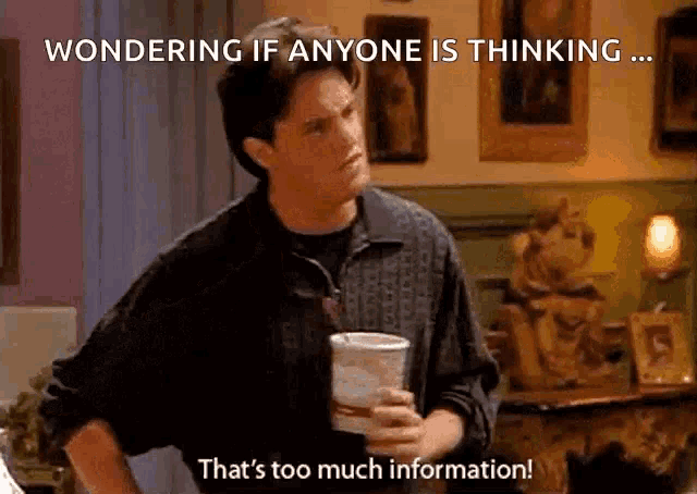 a man is holding a cup of coffee and wondering if anyone is thinking