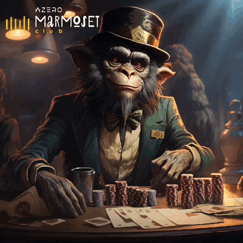 a monkey in a top hat sits at a table playing poker