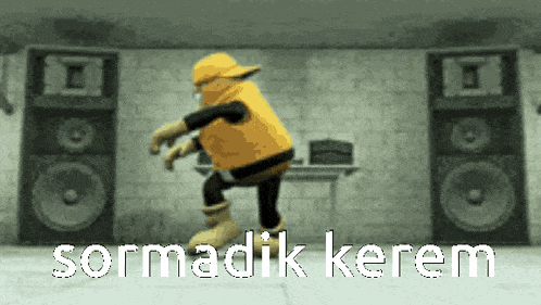 a cartoon character is dancing in front of speakers with the words sormadik kerem written below him