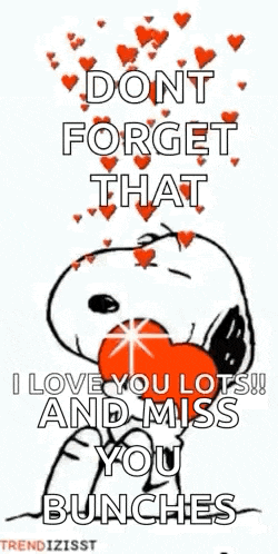 snoopy is holding a heart in his mouth with hearts coming out of it .