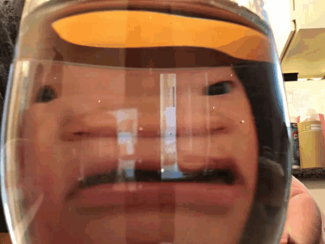 a close up of a person 's face behind a glass of water