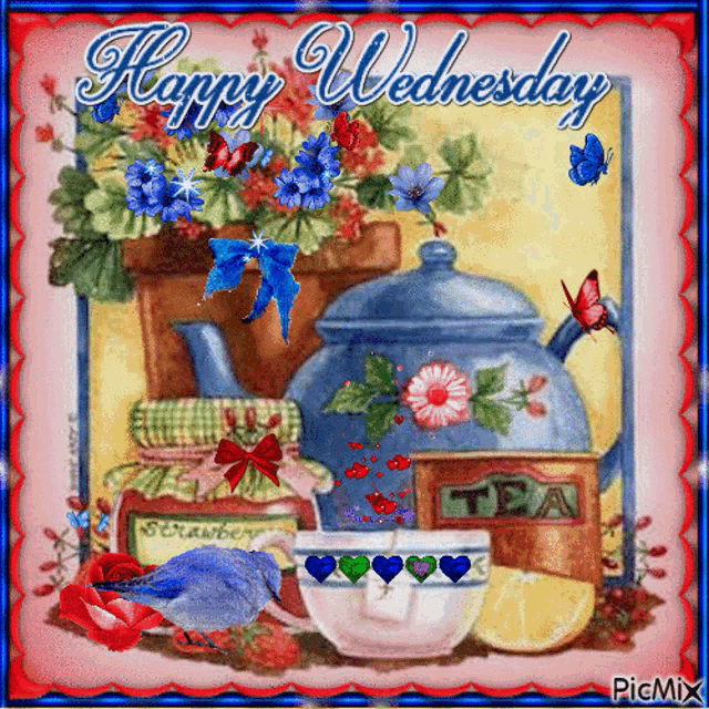 a happy wednesday card with a teapot a cup of tea and flowers