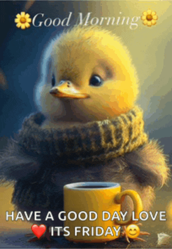 a duck is sitting next to a cup of coffee with the words good morning have a good day love its friday
