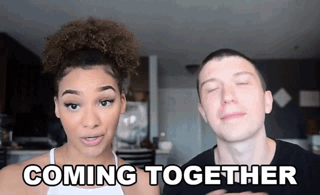 a man and a woman are standing next to each other with the words coming together written on their faces