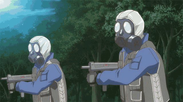 two soldiers wearing gas masks and holding guns with the letter h on their vests