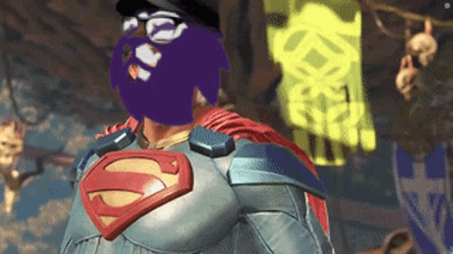 a cartoon character in a superman costume with a purple head