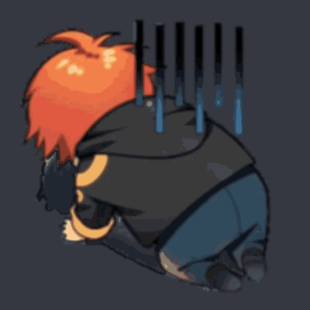 a cartoon character with red hair is kneeling down with tears coming out of his eyes