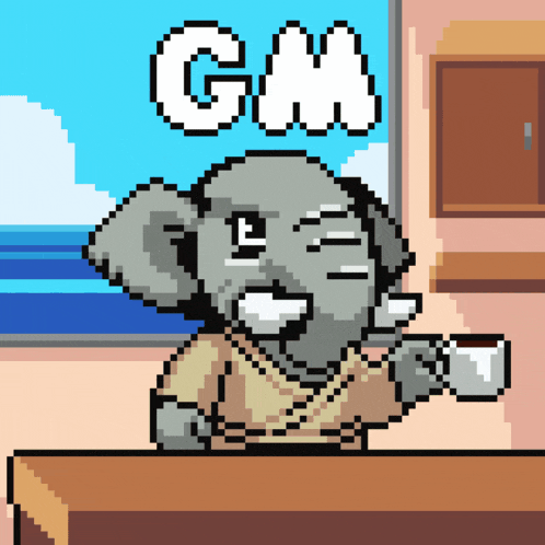 a pixel art drawing of an elephant holding a cup of coffee with the word gm above him