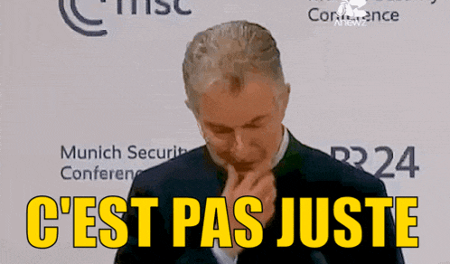 a man covering his mouth with his hand and the words c'est pas juste behind him