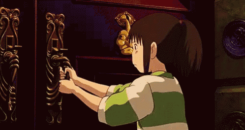 a cartoon girl is opening a door with a doorknob .
