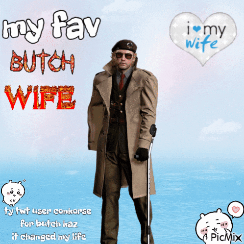 a picture of a man with crutches and the words " my fav butch wife " above him