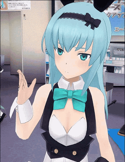 a girl with bunny ears and a bow tie stands in front of a sign that says ' a ' on it