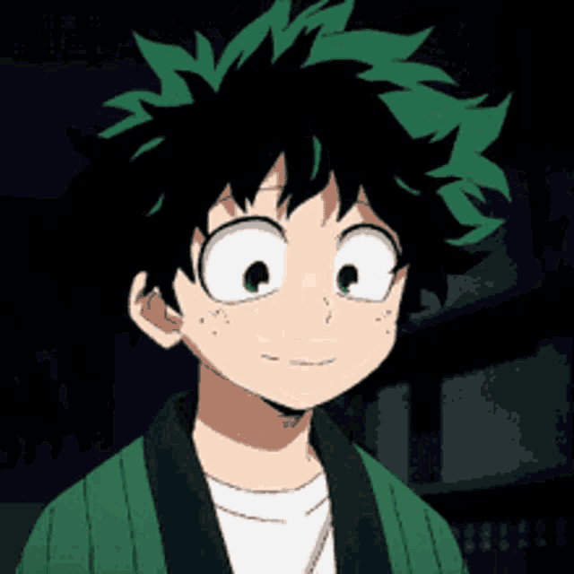 a cartoon character with green hair and white eyes is smiling