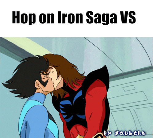 a cartoon of two men kissing with the caption hop on iron saga vs.
