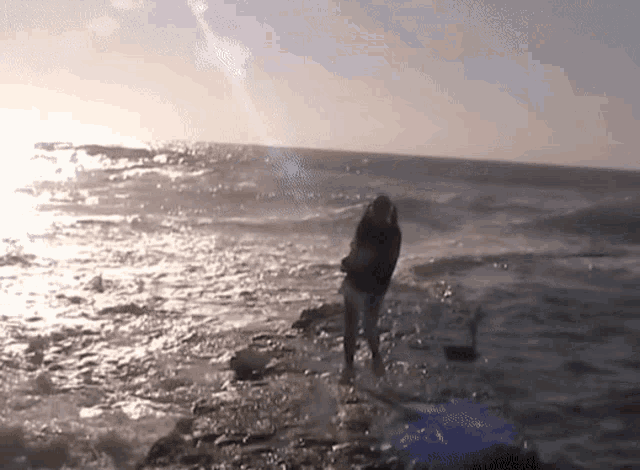 a person is standing on a rock near the water