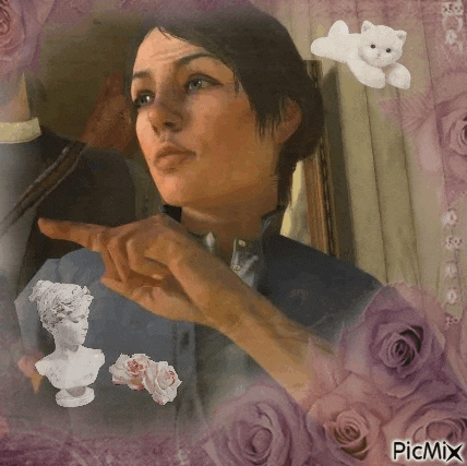a woman is pointing at a statue of a woman in a painting surrounded by roses and a cat .