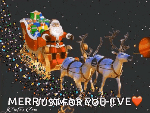 a christmas card with santa in a sleigh pulled by reindeer and the words merry just for you