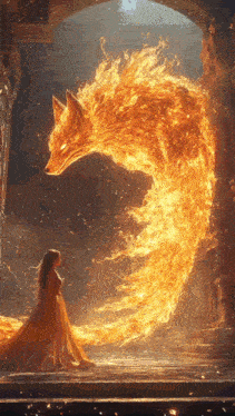 a woman in a long dress is standing next to a fox made of fire