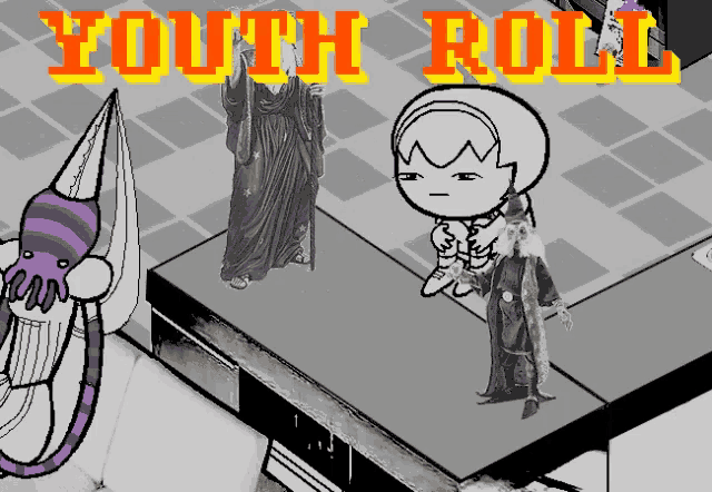 a black and white cartoon with the words youth roll on the top