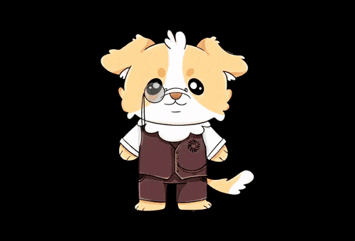 a drawing of a dog wearing overalls and a vest