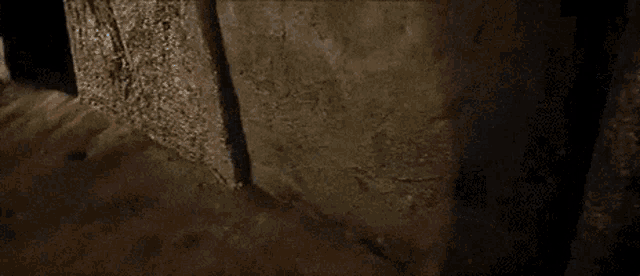 a person is standing in a dark room with a brick wall and a window .