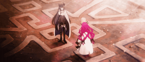 two anime characters are standing in a maze and one has purple hair