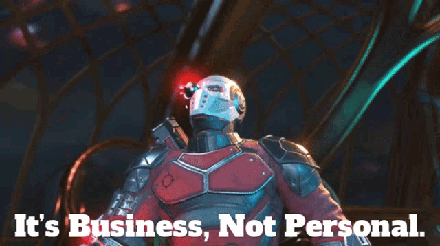 a video game character with the words " it 's business not personal " below him