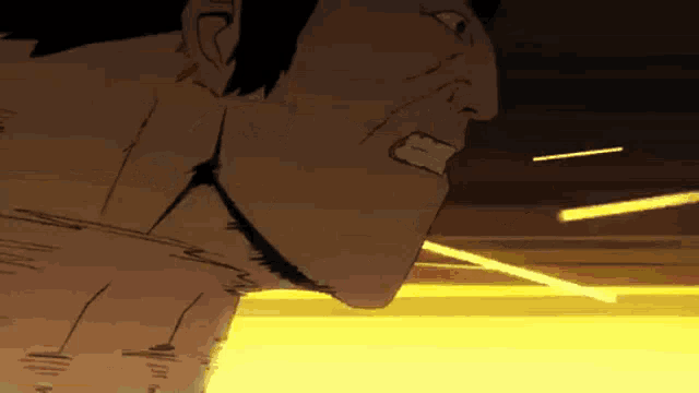a close up of a cartoon character 's face with a yellow background .
