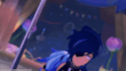 a cartoon character is holding a sword in a dark room with flowers in the background .
