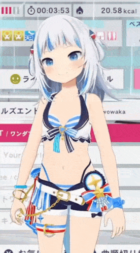 a girl in a bikini is standing in front of a screen that says 20.58 kcal on it