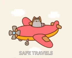 a cartoon cat is flying in a red airplane with the words safe travels written below it .