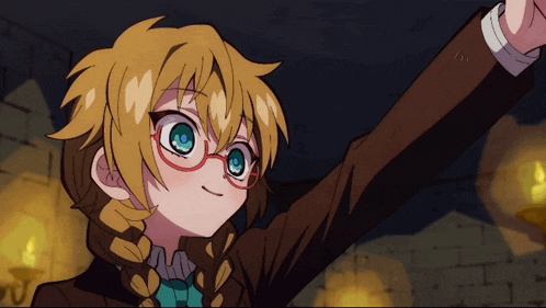 a girl with blonde hair and blue eyes is wearing glasses and a jacket