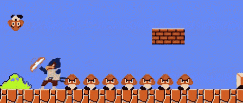a video game scene with a brick wall and a row of mushrooms