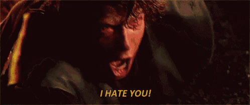 a man with red eyes is screaming and says i hate you .