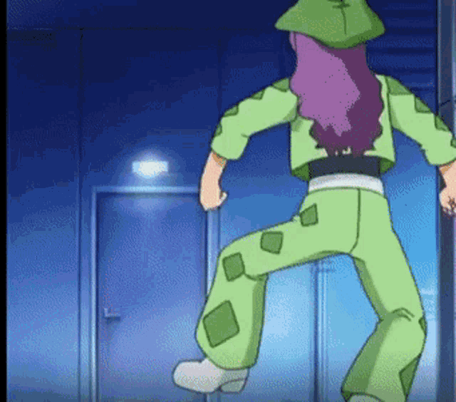 a cartoon character wearing green pants and a green hat