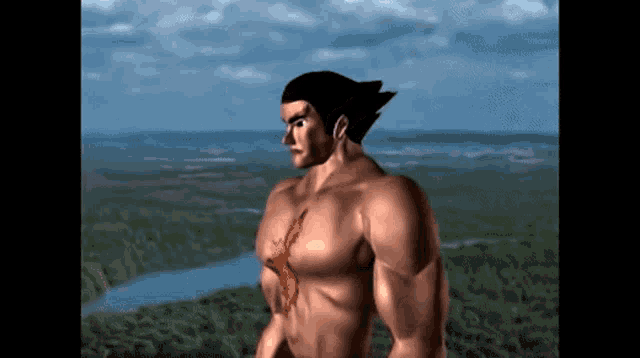 a video game character without a shirt is standing in front of a river