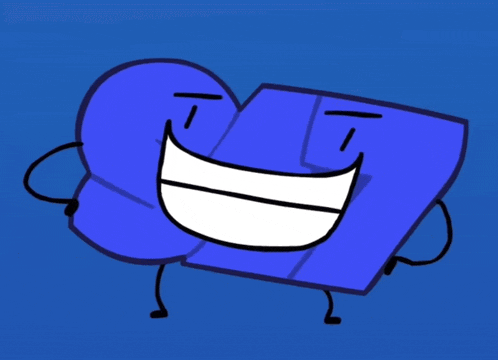 a cartoon drawing of a blue object with a big smile on its face