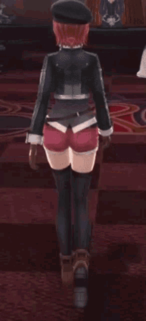 a girl in a green jacket and red shorts is running in a video game