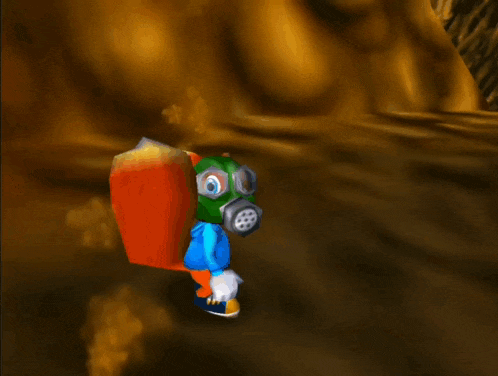 a cartoon character wearing a gas mask stands in a dark area